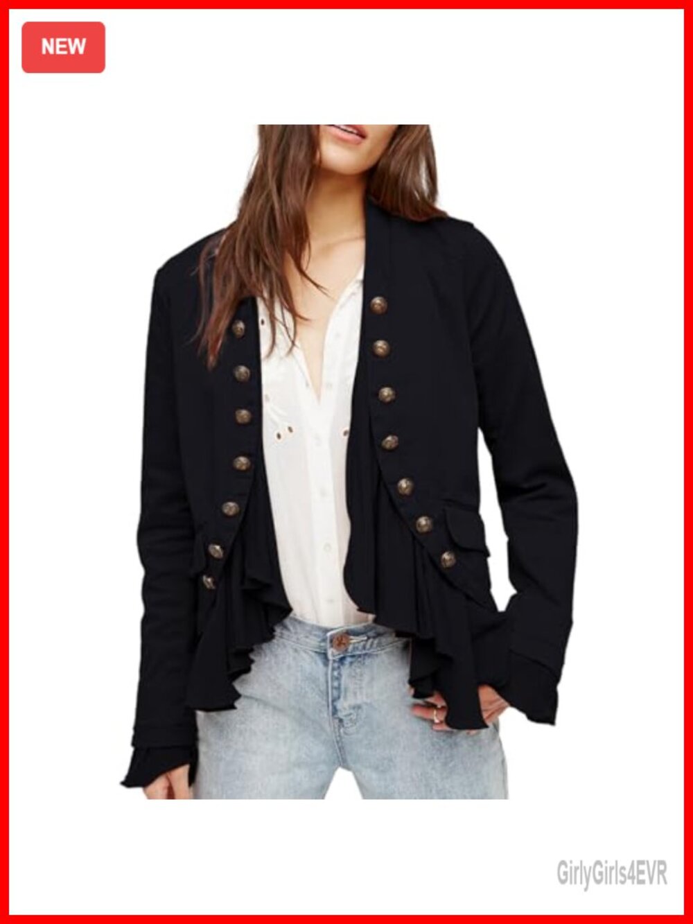 Women's Cotton Spandex Ruffled Blazer High Low Hem Steampunk Button Up Jacket
